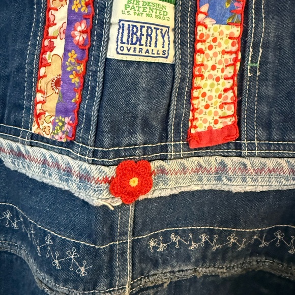 Upcycled  Denim Overalls with Colorful Patch Trim - Picture 5 of 16